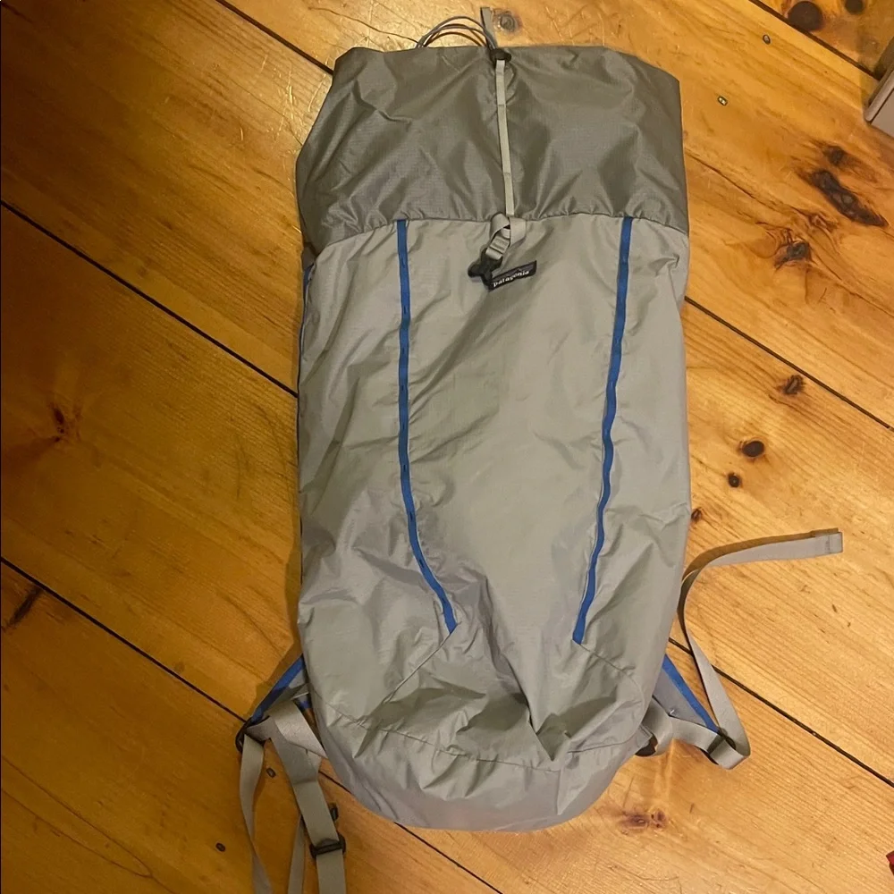 Patagonia Light Gray Backpack with Blue Accents